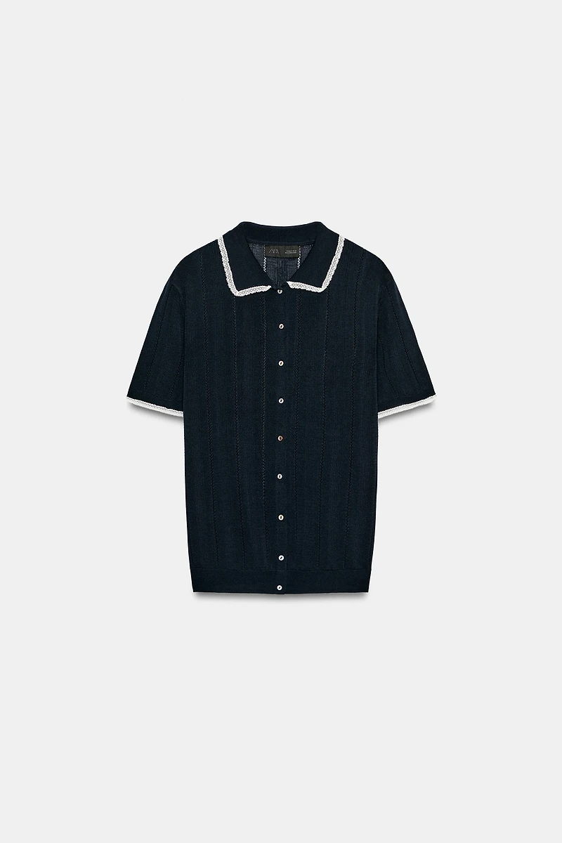 SHORT SLEEVE LACE TRIM KNIT POLO CARDIGAN