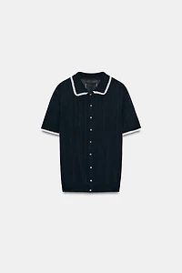 SHORT SLEEVE LACE TRIM KNIT POLO CARDIGAN