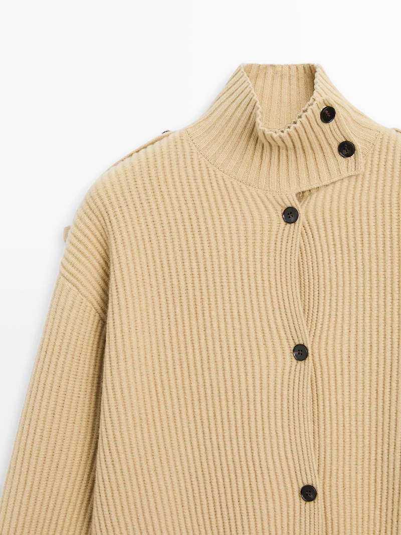 100% wool turtleneck knit cardigan