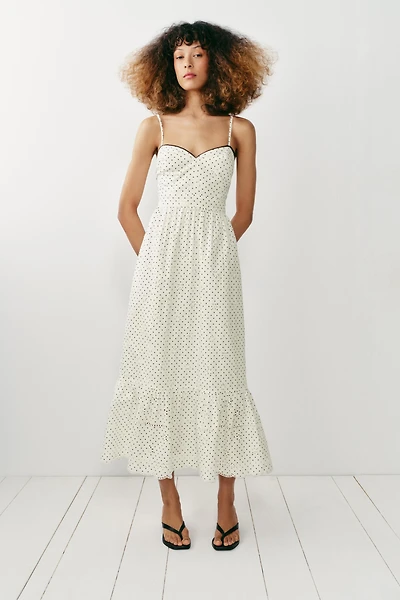 PRINTED EMBROIDERED EYELET MIDI DRESS