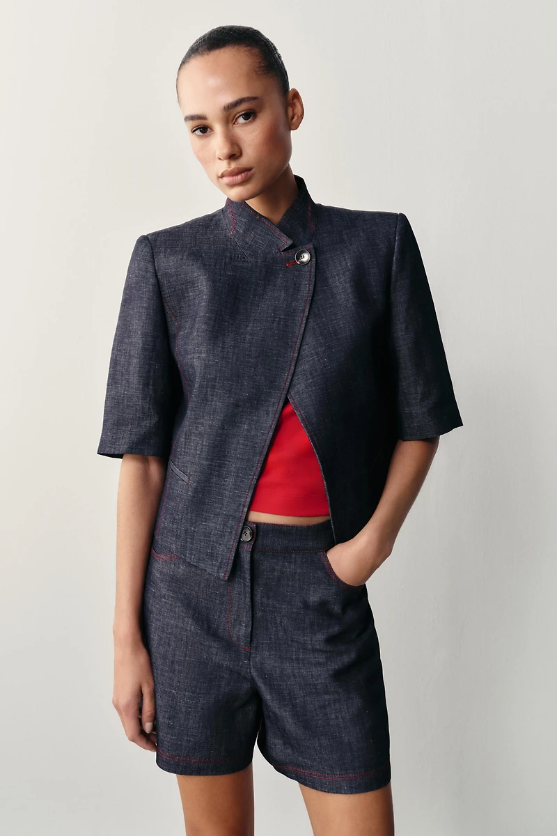 CONTRAST TOPSTITCHING LINEN SHORTS