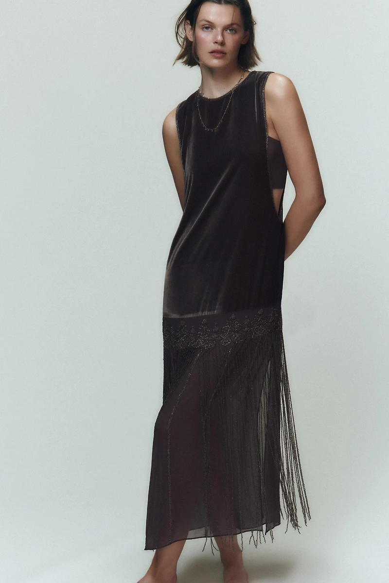 COMBINED VELVET BEADED FRINGE DRESS