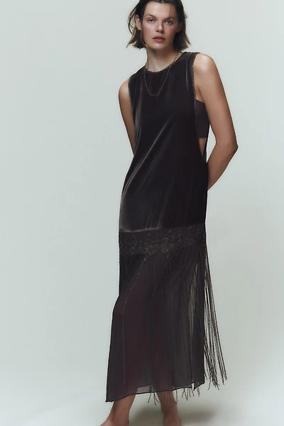 COMBINED VELVET BEADED FRINGE DRESS