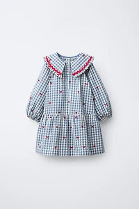 PLAID DRESS WITH EMBROIDERED BOWS