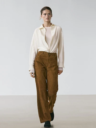 Suede leather straight trousers