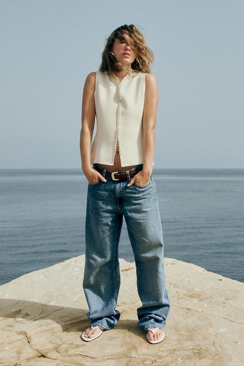 KNIT VEST TOP WITH COVERED BUTTONS