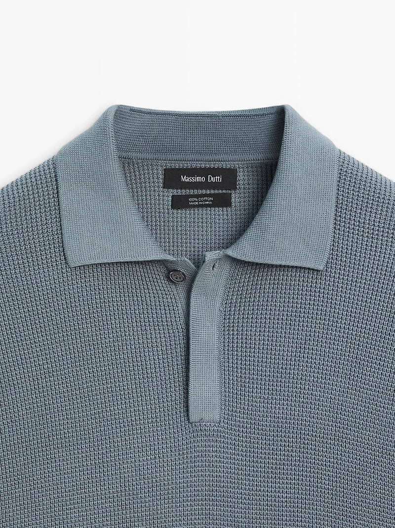 Textured cotton knit polo shirt