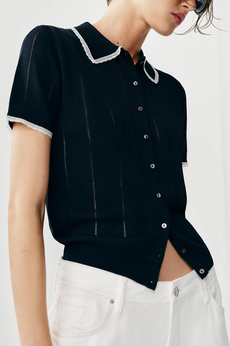 LACE TRIM KNIT POLO JACKET