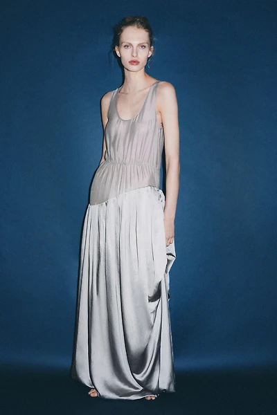 CONTRASTING VOLUMINOUS DRAPED MAXI DRESS