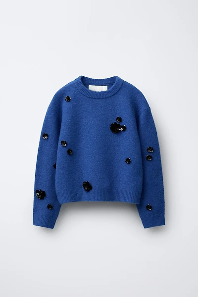 SEQUIN FLORAL KNIT SWEATER