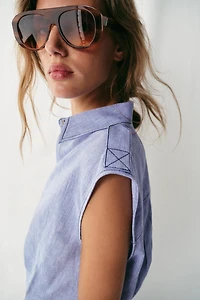 LINEN TOP WITH TOPSTITCHING
