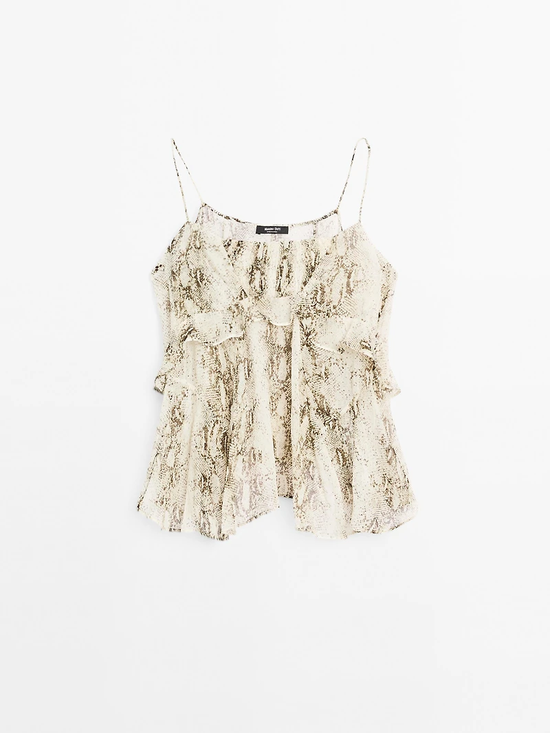Ruffled snakeskin print top with gathered detail