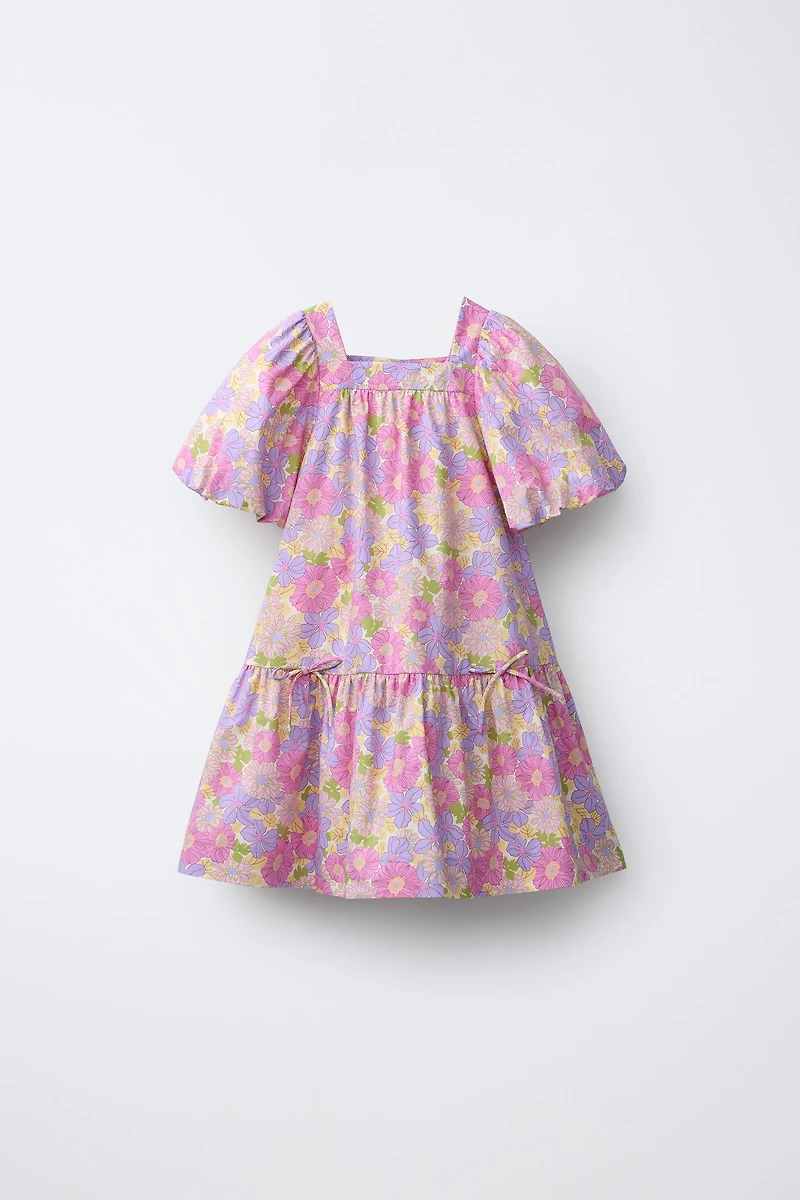ROBE EN POPELINE À MANCHES BALLON ET FLEURS