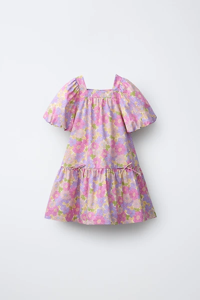 FLORAL POPLIN BALLOON SLEEVE DRESS