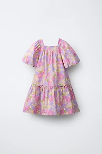 ROBE EN POPELINE À MANCHES BALLON ET FLEURS