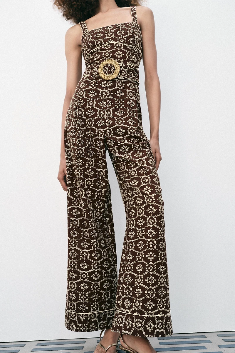 PERFORATED EMBROIDERED BELTED JUMPSUIT