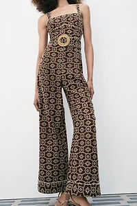 PERFORATED EMBROIDERED BELTED JUMPSUIT