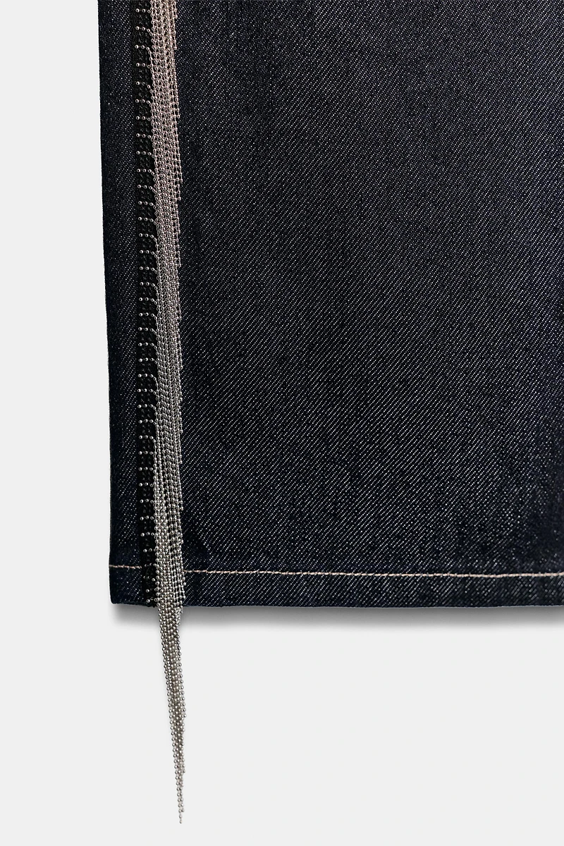 JEAN TRF DROIT TAILLE BASSE À FRANGES
