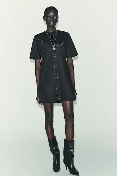 FAUX SUEDE STUDDED DRESS