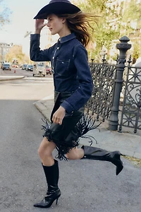 FAUX LEATHER FRINGED MIDI SKIRT