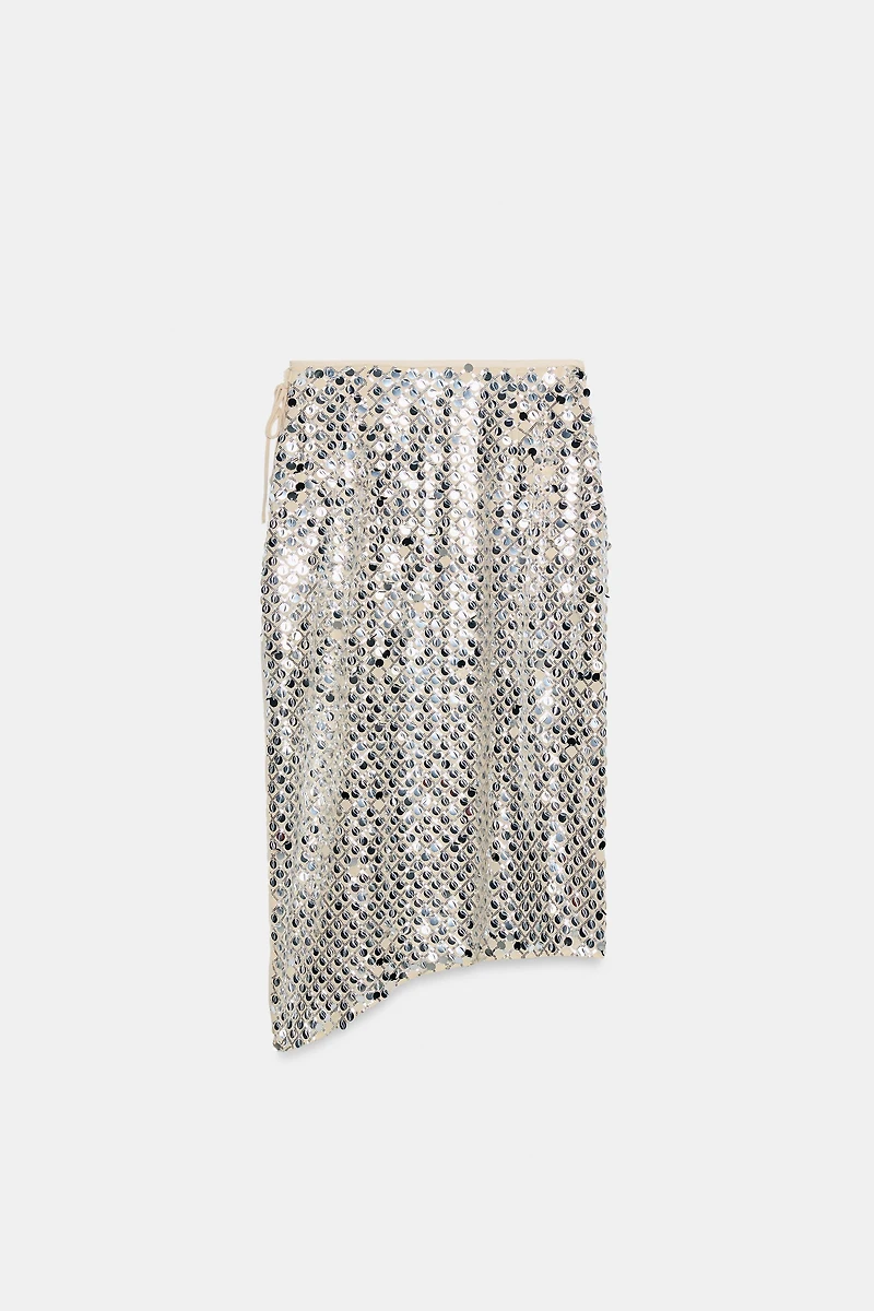 ASYMMETRIC SEQUIN MIDI SKIRT