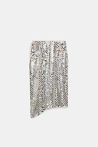 ASYMMETRIC SEQUIN MIDI SKIRT