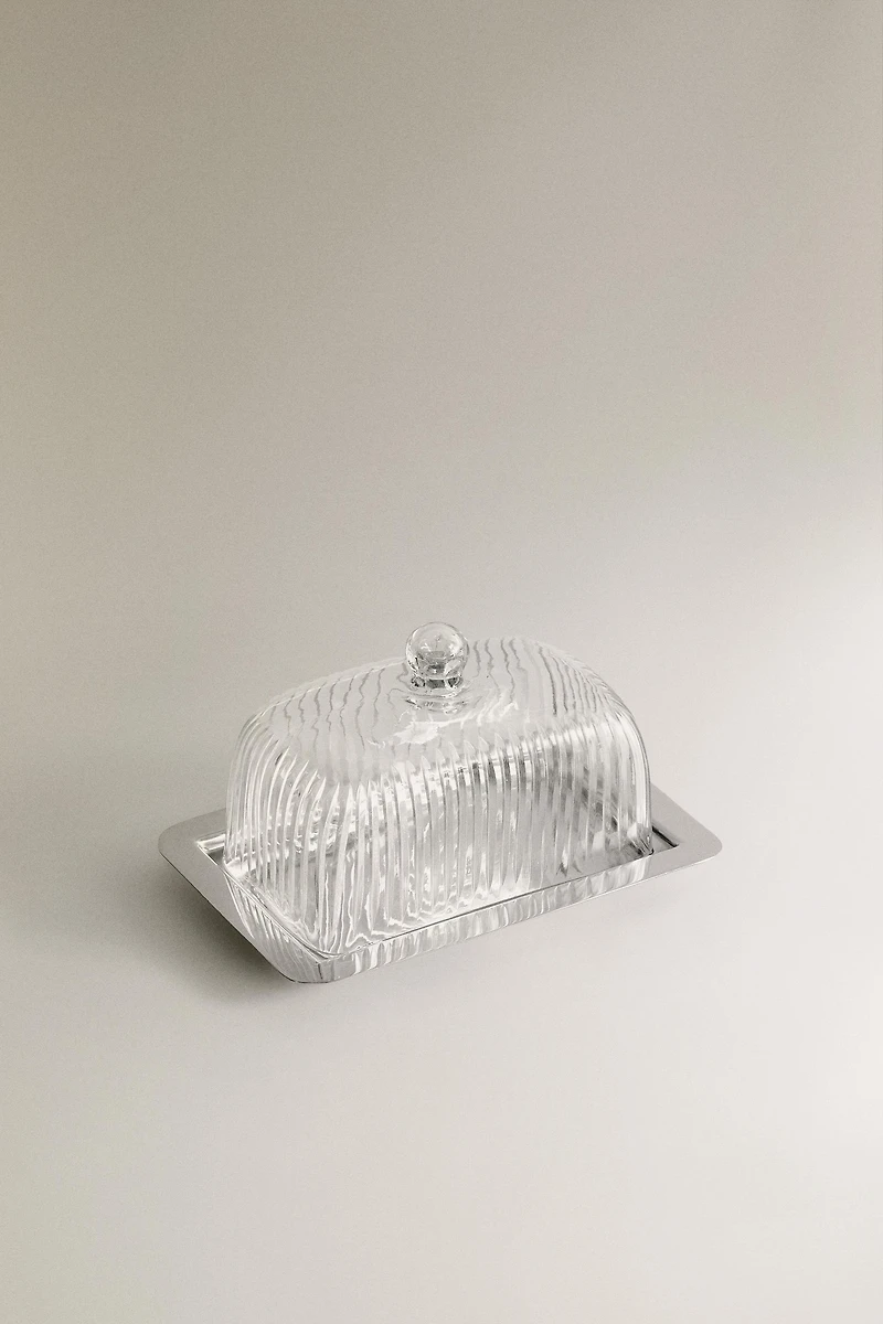 GLASS AND STAINLESS STEEL BUTTER DISH