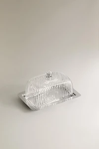 GLASS AND STAINLESS STEEL BUTTER DISH