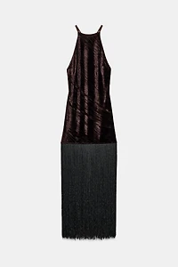 VELVET FRINGE MIDI DRESS