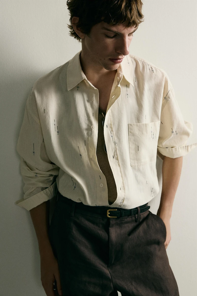 EMBROIDERED COTTON-LINEN RELAXED FIT SHIRT