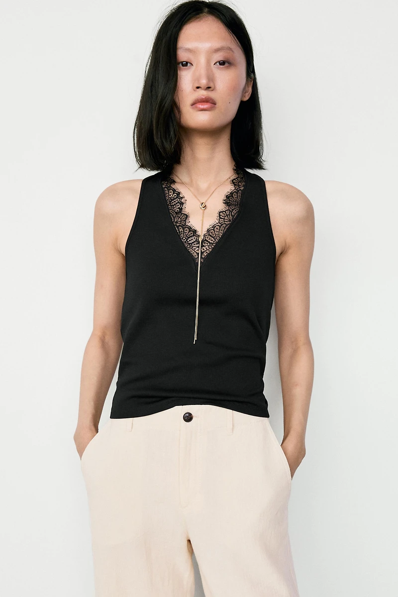 V-neck lace trim camisole top