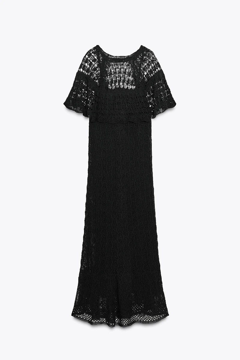 ROBE LONGUE EN MAILLE POINTELLE À VOLANT