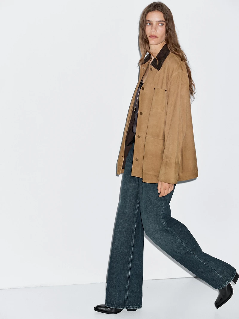 Veste col contrastant en cuir effet daim