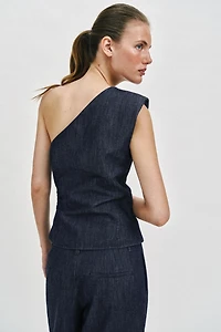 ASYMMETRIC SHOULDER PAD LINEN BLEND TOP