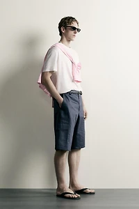 COTTON-LINEN RELAXED FIT CARGO SHORTS