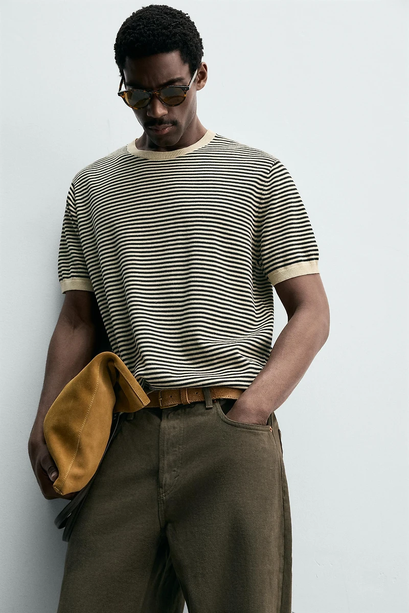 STRIPED COTTON LINEN KNIT T-SHIRT