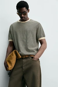 STRIPED COTTON LINEN KNIT T-SHIRT