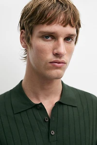 Ribbed knit cotton blend polo shirt