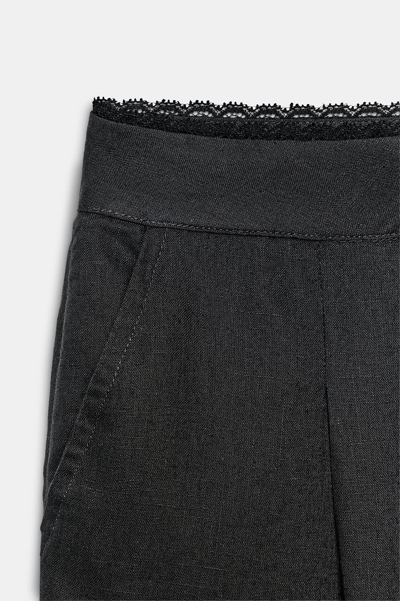 STRAIGHT LEG LINEN PANTS WITH LACE TRIM