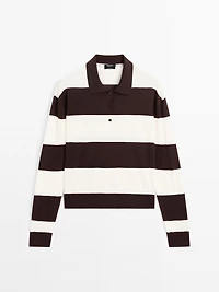 Striped knit sweater with polo collar