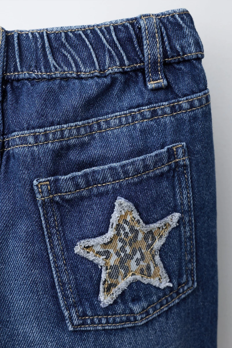 STRAIGHT JEANS WITH STAR ANIMAL PRINT PATCHES