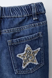 STRAIGHT JEANS WITH STAR ANIMAL PRINT PATCHES