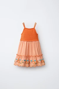 COMBINATION KNIT DRESS WITH EMBROIDERED GINGHAM FLOWERS