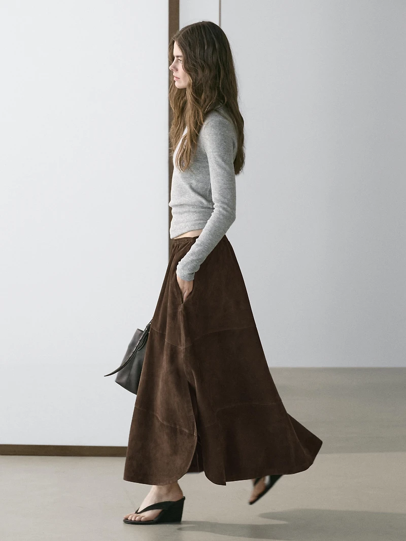 Suede leather midi skirt