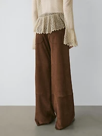 Pantalon large poches cuir daim