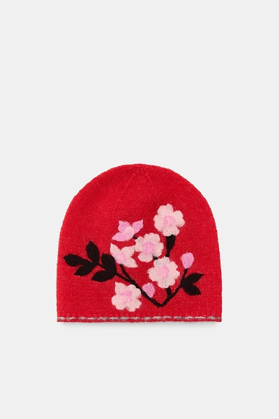 BONNET BEANIE FLEURS CONTRASTE