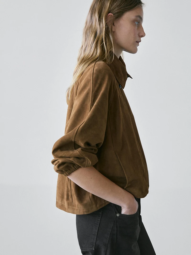 Short suede leather bomber jacket