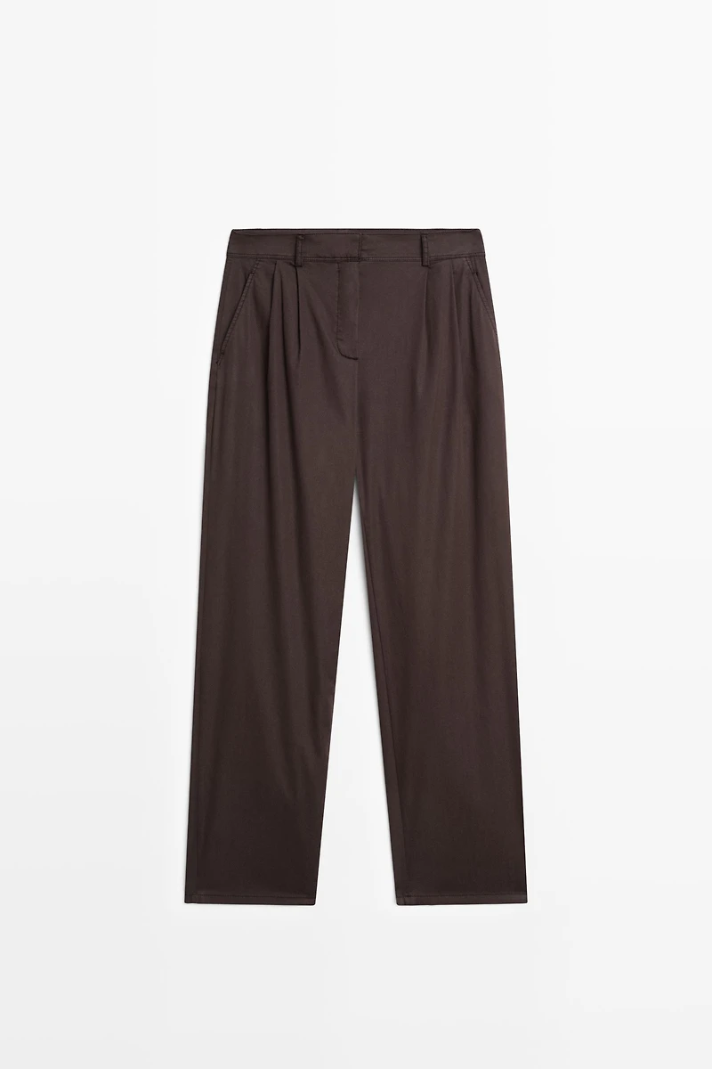 Cotton blend poplin pleated pants