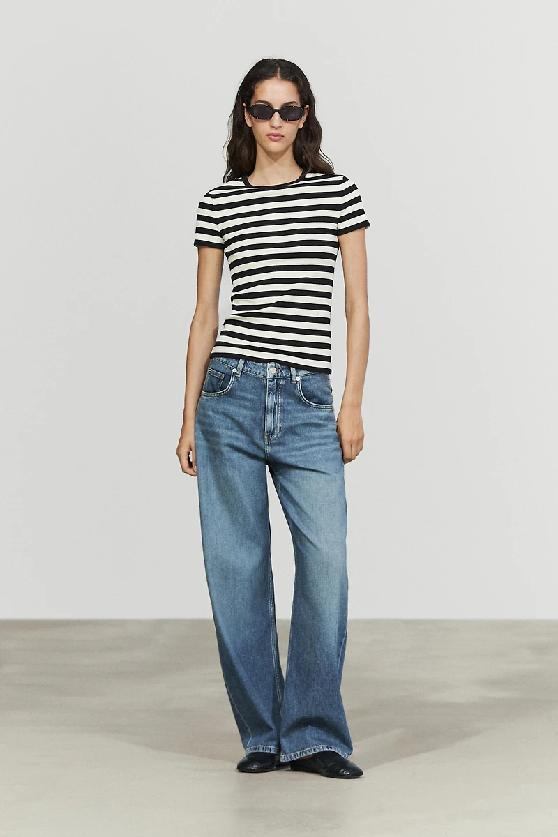 Short sleeve striped cotton blend T-shirt