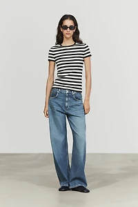 Short sleeve striped cotton blend T-shirt
